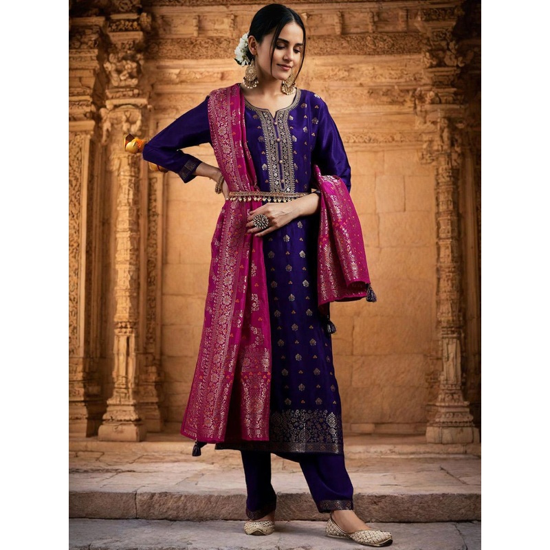 Twika Women Floral Woven Design Kurta with Trousers & Dupatta
