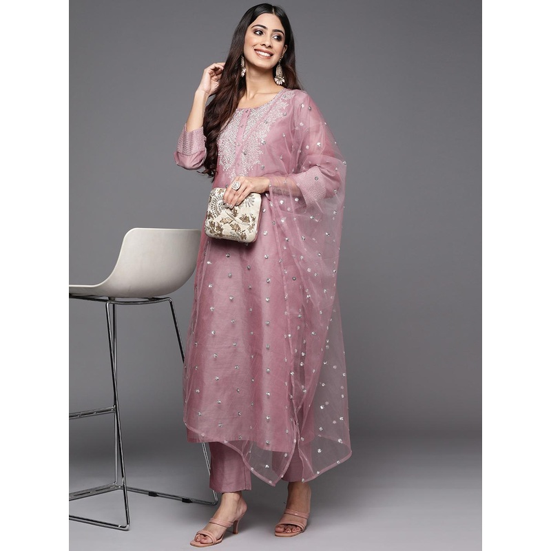 Varanga Floral Zari Embroidered Chanderi Silk Kurta With Trouser & Sequined Dupatta.