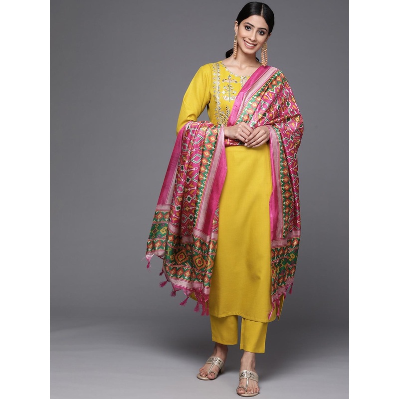 Varanga Women Mustard Yoke Embroidered Pure Cotton Kurta with Trouser & Printed Dupatta
