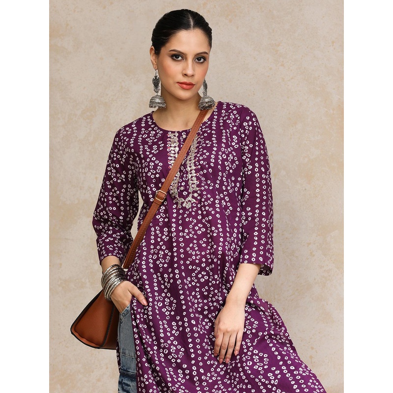 Varanga Women Purple & White Bandhani Printed Pure Cotton Kurta