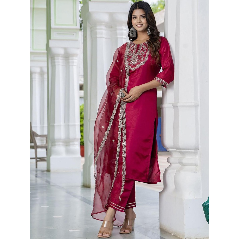 VredeVogel Floral Yoke Design Straight Sequinned Kurta with Trousers & Dupatta