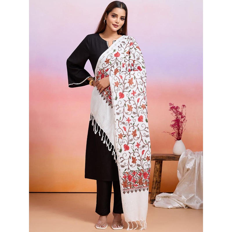 WEAVERS VILLA Floral Embroidered Shawl With Tasselled Border