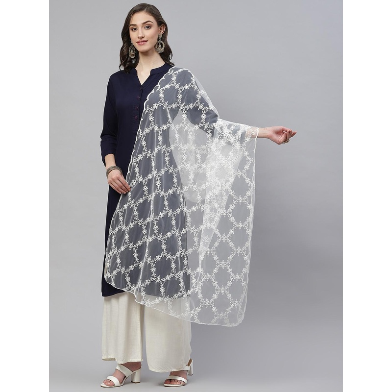 WEAVERS VILLA White Ethnic Motifs Embroidered Dupatta