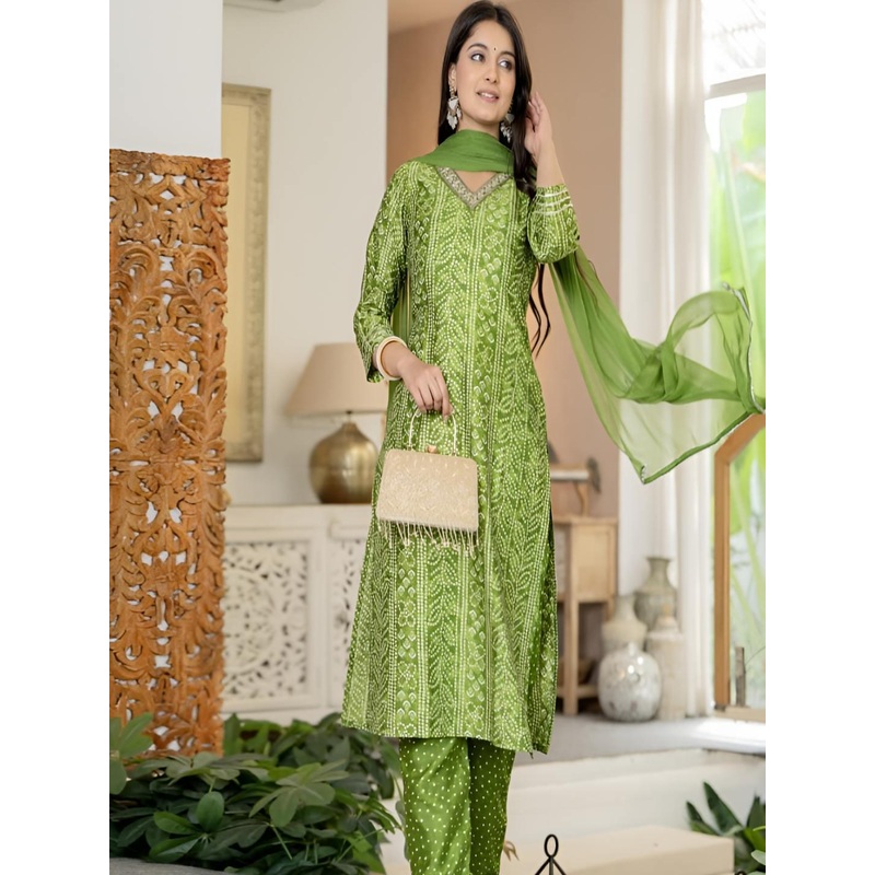 YUSRA Women Bandhani Printed Kurta with Trousers & Dupatta