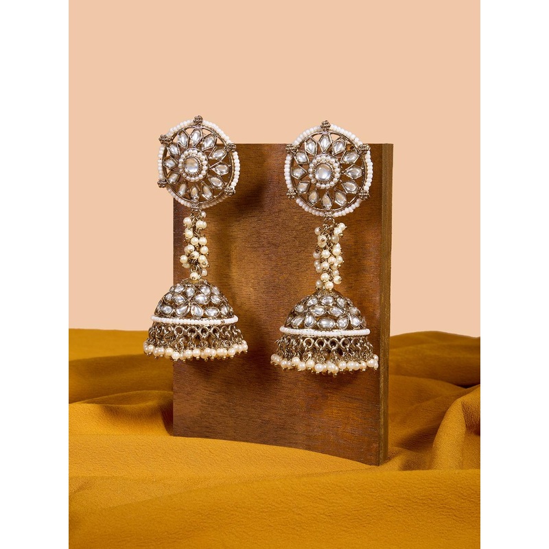 Zaveri Pearls Gold-Plated Kundan Studded & Beaded Jhumkas