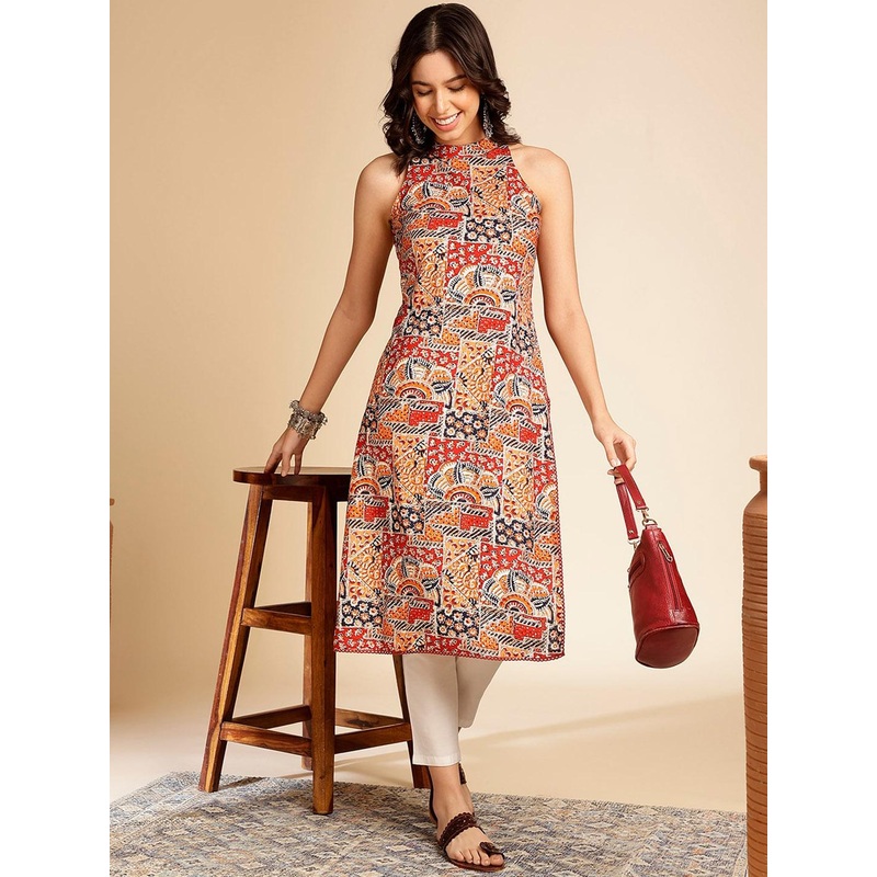 Anouk Geometric Printed Halter Neck Straight Kurta