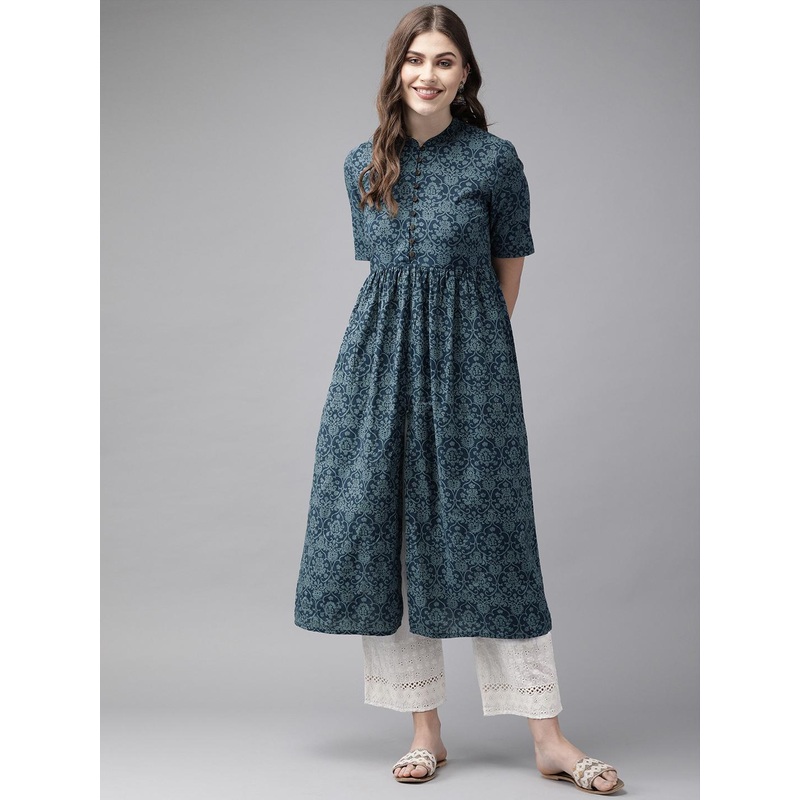 Anouk Women Navy Blue Printed A-Line Kurta with Gathered Detail