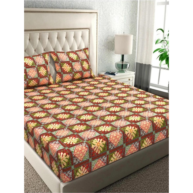 bsb home Beige & Green 144 TC Queen Bedsheet with 2 Pillow Covers