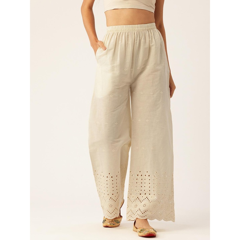 FERANOID Women Floral Embroidered Pure Cotton Ethnic Palazzos