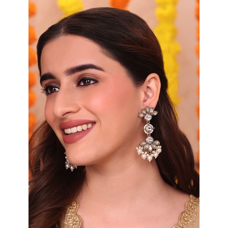 Fida Gold-Plated Kundan Studded & Pearls Beaded Floral Shaped Drop Earrings