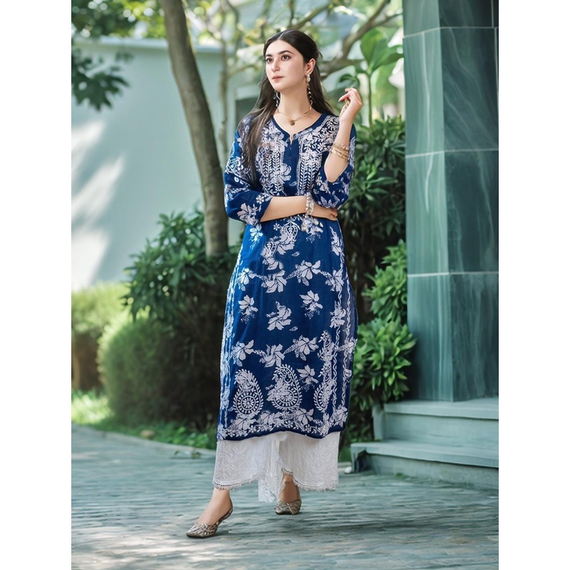 GoSriKi Floral Embroidered Chikankari Straight Kurta