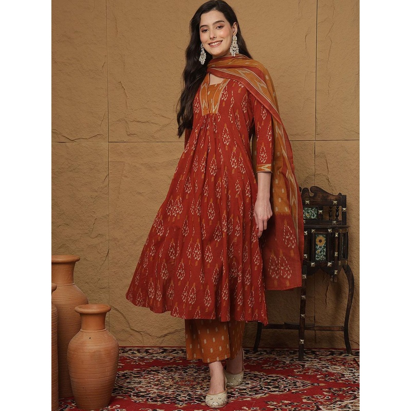 GULMOHAR JAIPUR Ethnic Motifs Printed V-Neck Cotton A-Line Kurta With Palazzos & Dupatta