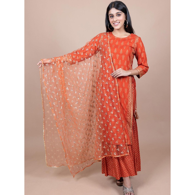 HERE&NOW Orange & Gold-Toned Ethnic Motifs Embroidered Dupatta
