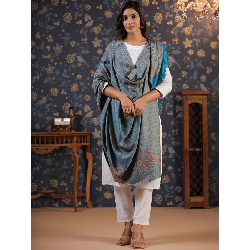 House of Pataudi Blue Ethnic Motifs Woven Design Shawl
