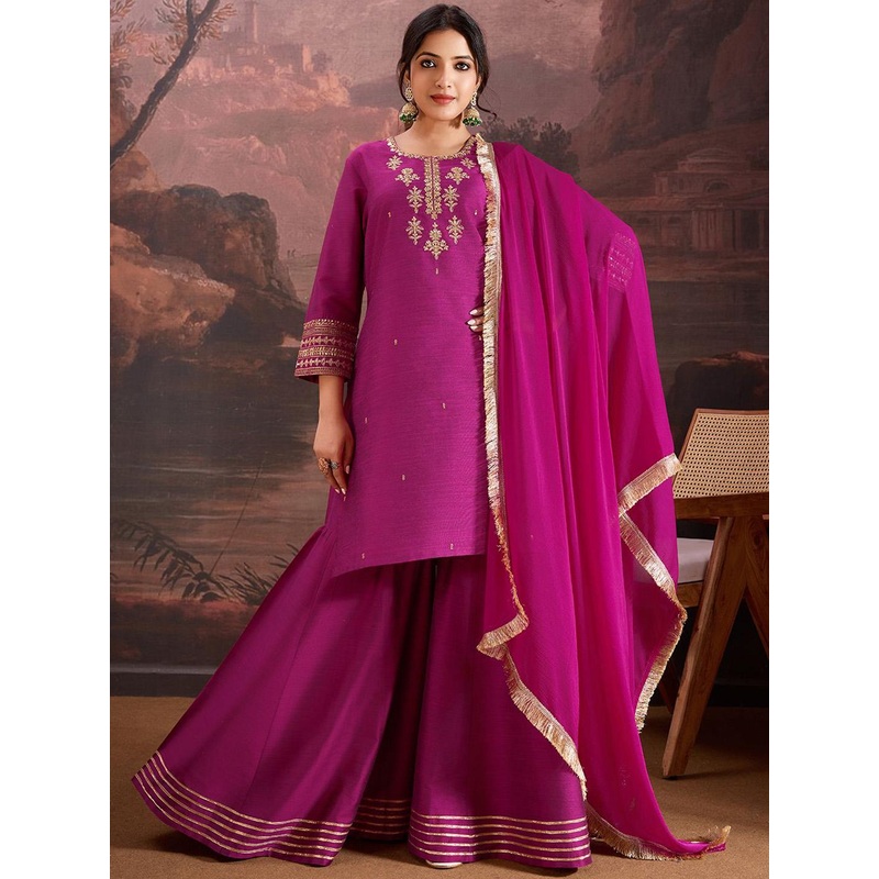House of Pataudi Floral Embroidered Straight Kurta & Sharara with Dupatta