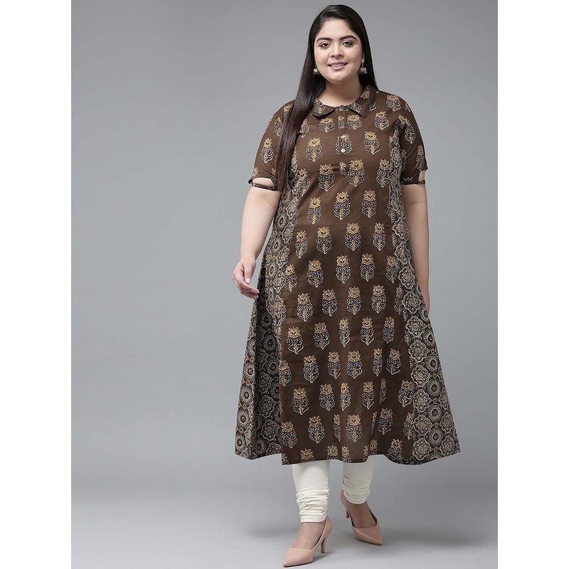 IKRASS Plus Size Floral Printed Shirt Collar Pure Cotton A-Line Kurta