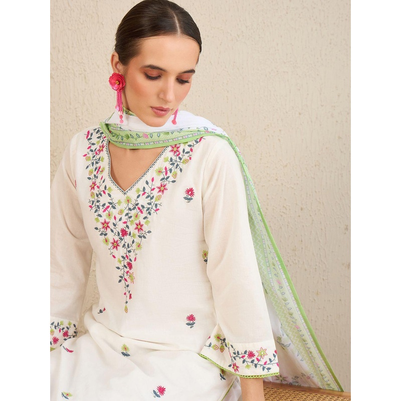 Indo Era Floral Embroidered Pure Cotton Kurta With Trousers & Dupatta