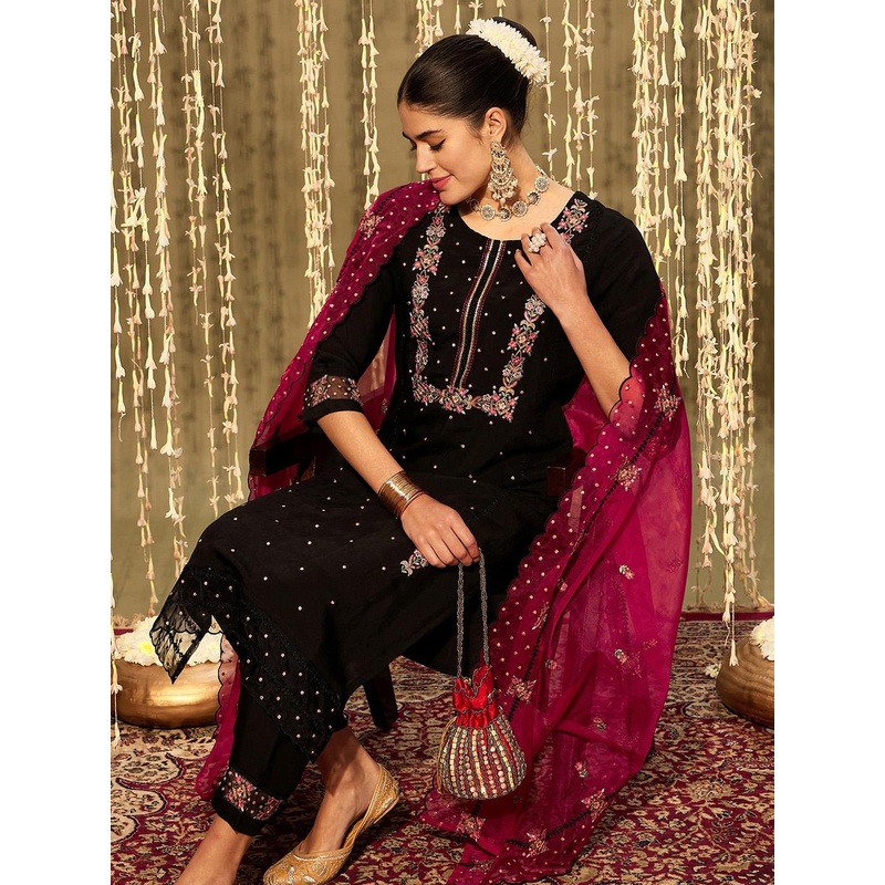 Indo Era Floral Embroidered Regular Thread Work Kurta With Trousers & Dupatta