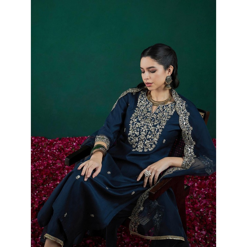 Indo Era Floral Embroidered Regular Thread Work Liva Kurta With Trousers & Dupatta
