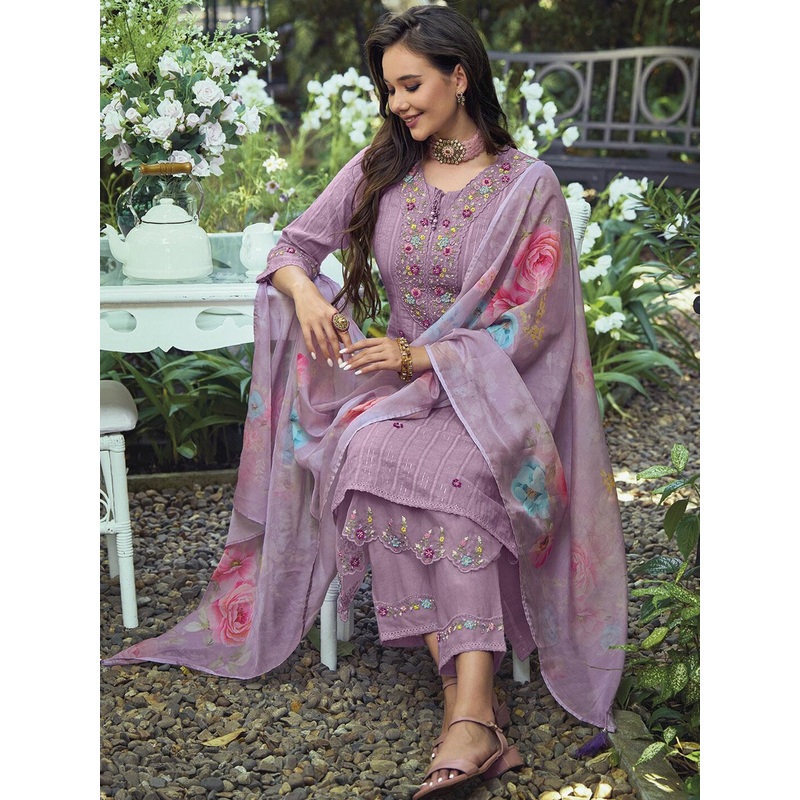 Indo Era Lavender & Red Floral Embroidered Pure Cotton Kurta With Trousers & Dupatta