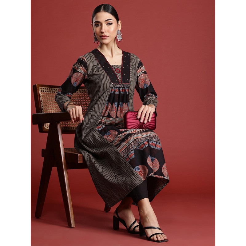Indo Era Printed Panelled Sequinned Pure Cotton A-Line Kurta with Trousers