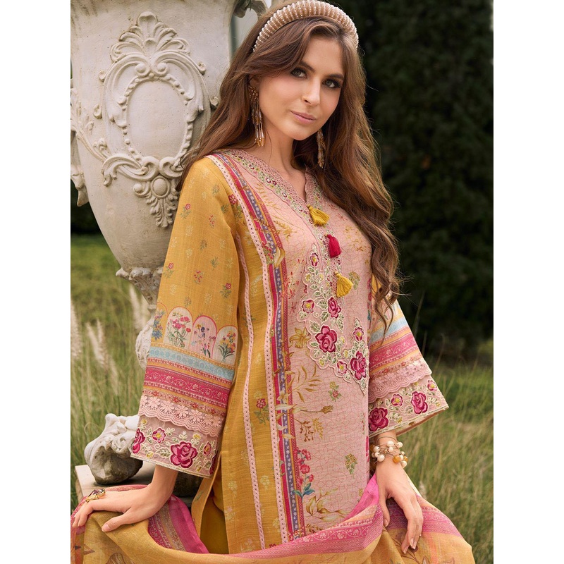 Indo Era Women Embroidered Thread Work Linen Kurta with Trousers & With Dupatta