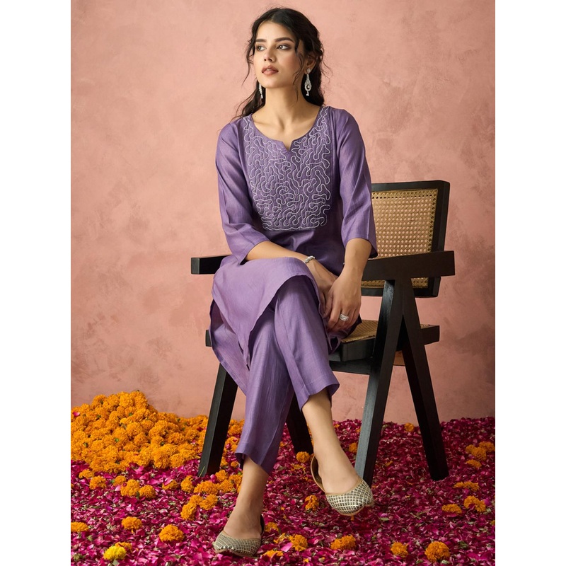 KALINI Embroidered Thread Work Straight Kurta With Trouser