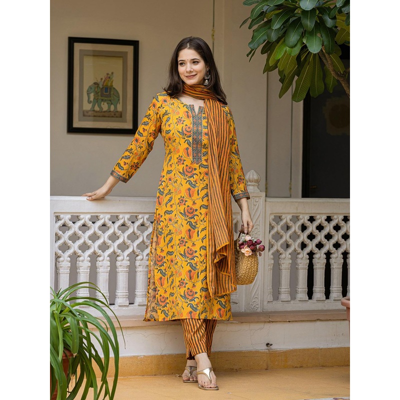 KALINI Floral Printed Regular Cotton Blend Kurta with Trousers With Dupatta