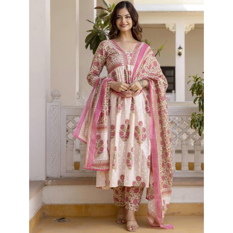 KALINI Floral Printed Regular Pure Cotton Kurta with Trousers & Dupatta