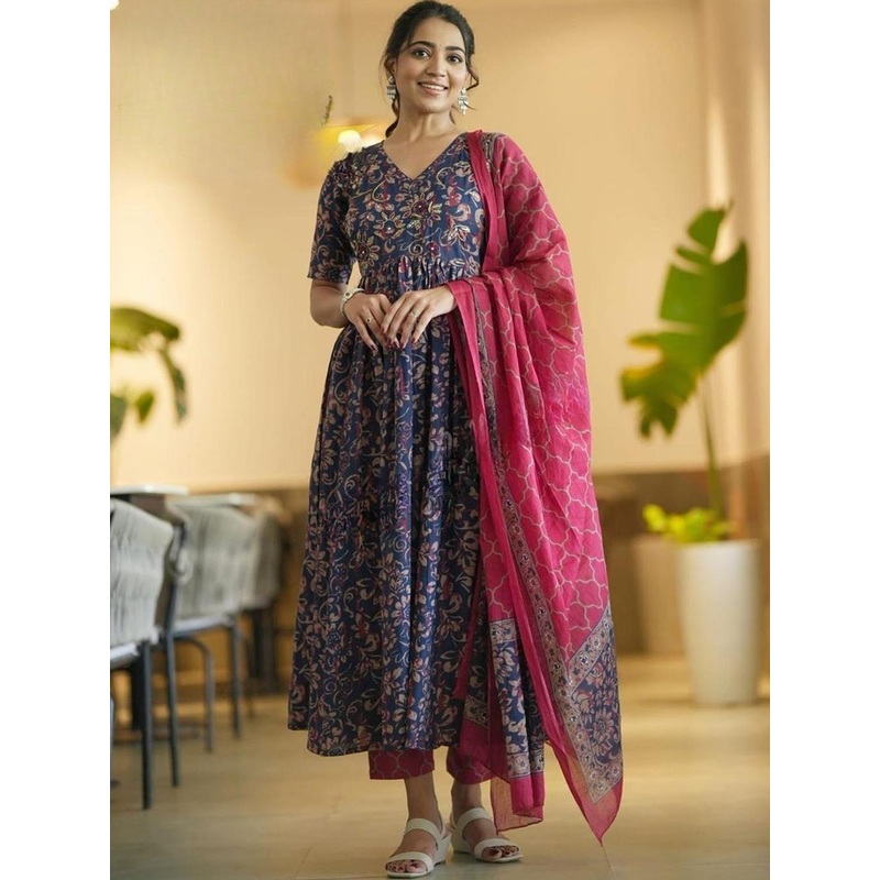 KALINI Floral Printed V-Neck Empire Anarkali Kurta With Trousers & Dupatta