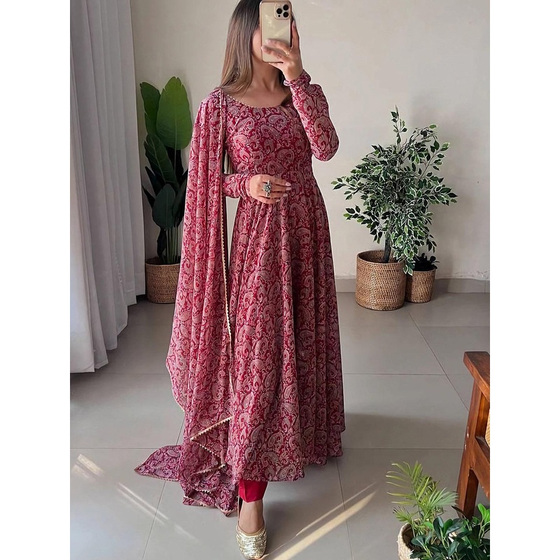 KALINI Paisley Printed Gotta Patti Georgette Anarkali Kurta & Trousers With Dupatta