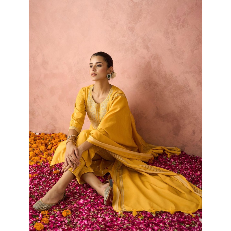 KALINI Woven Design Floral Embroidered Straight Kurta With Trouser And Dupatta