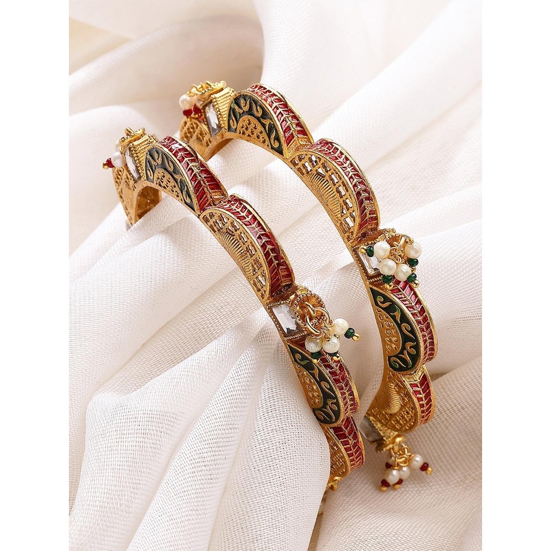 KARATCART Pack Of 2 Gold-Plated White & Green Stone Studded & Beaded Bangles