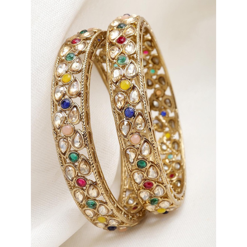 KARATCART Set Of 2 Gold-Plated & Kundan-Studded Antique  Bangles