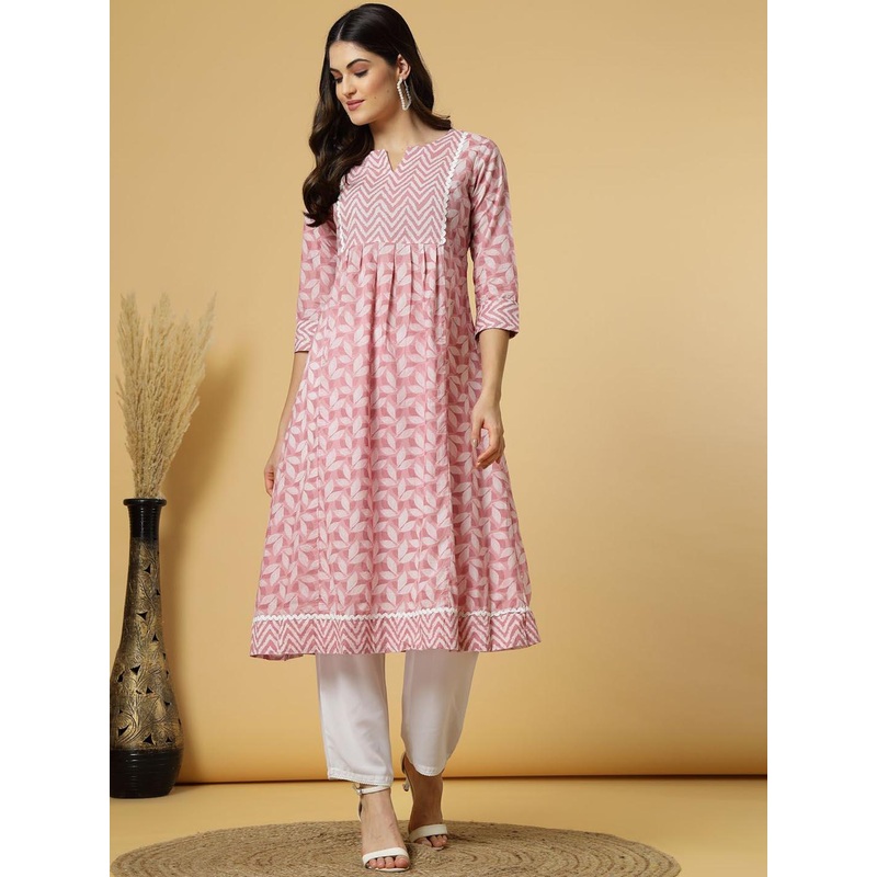 LARGISH Floral Printed Round Neck Three-Quarter Sleeves Regular Pure Cotton A-Line Kurta