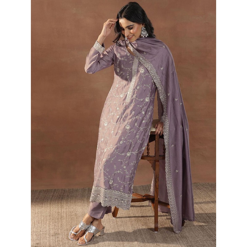 Libas Women Floral Embroidered Regular Sequinned Kurta with Trousers & With Dupatta