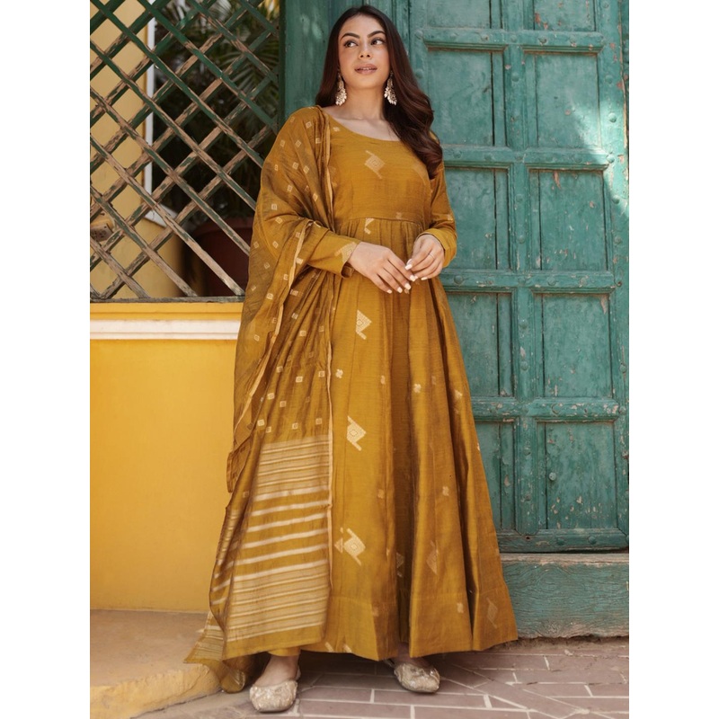Libas Womens Mustard Woven Design Anarkali Kurta With Palazzos & Dupatta