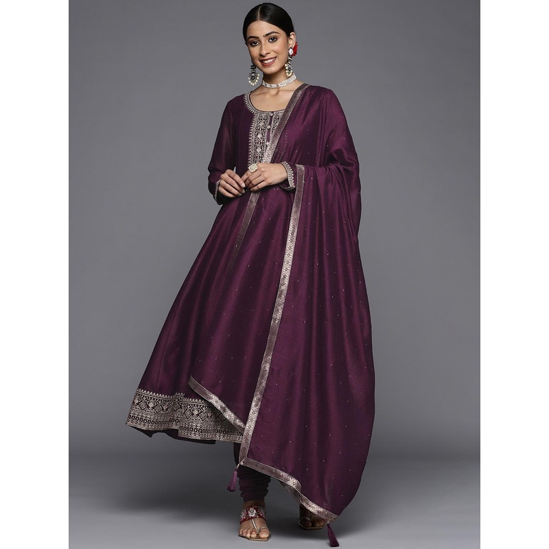 Libas Womens Purple Yoke Design Anarkali Kurta With Churidar & Dupatta