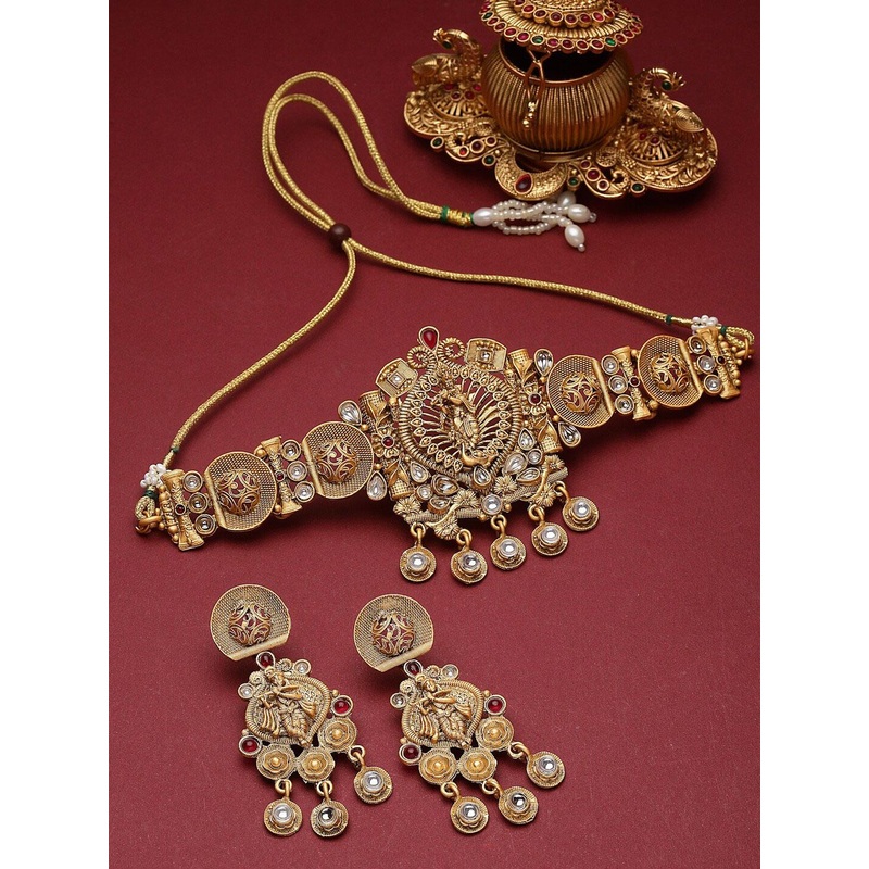 PANASH Gold-Plated Kundan & Stone-Studded Temple Choker Jewellery Set