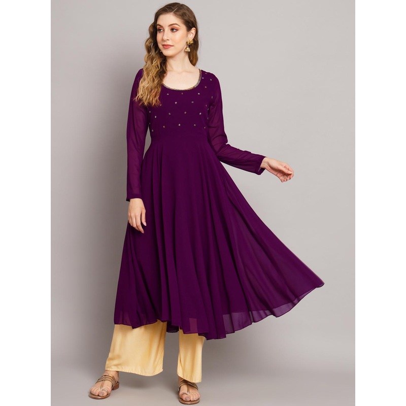 Poshak Hub Women Burgundy Ethnic Motifs Georgette Anarkali Kurta
