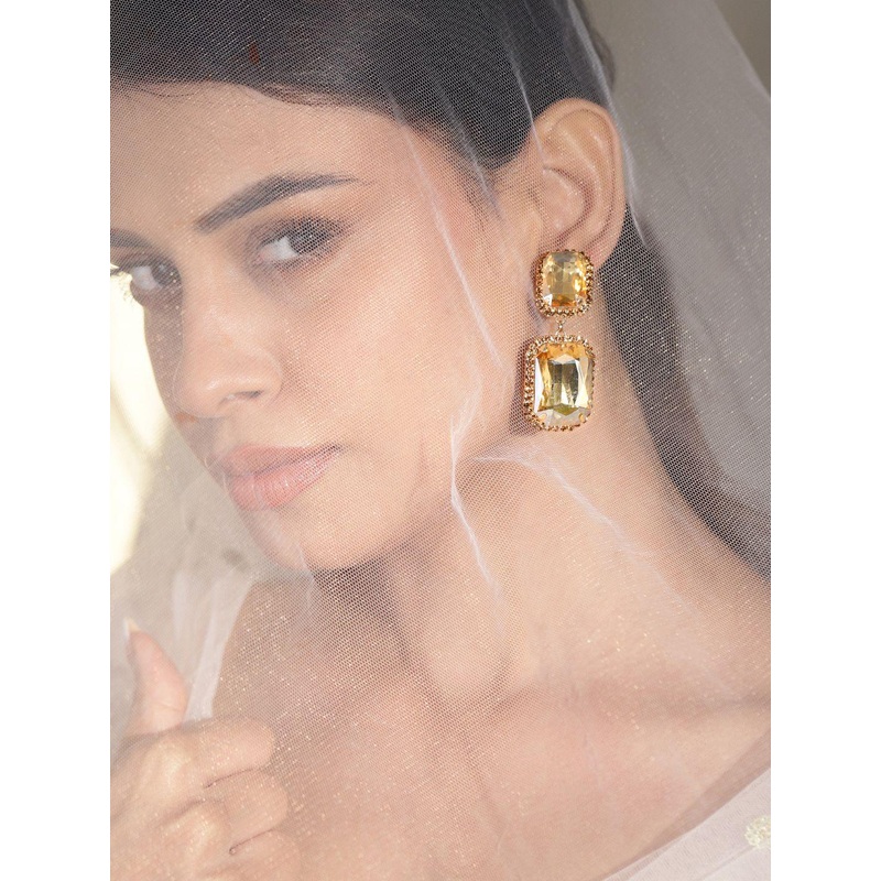 Rubans 18K Gold-Plated Cubic Zirconia Studded Square Shaped Drop Earrings