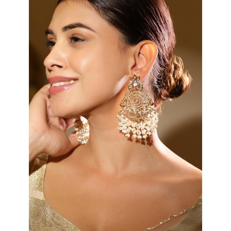 Rubans 18K Gold-Plated Kundan Studded Chandbali Earrings with Glossy Pearl Beads