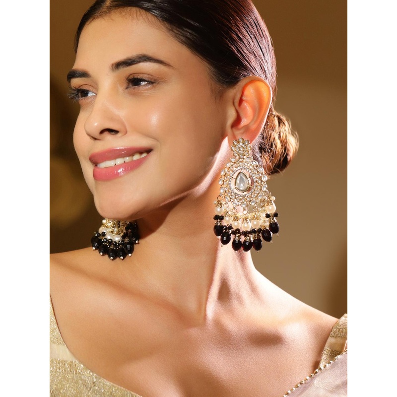 Rubans 18K Gold-Plated Kundan & Zirconia Studded Chandelier with Black & White Beads