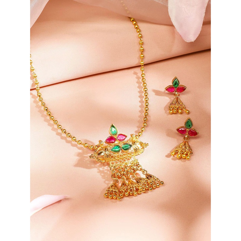 Rubans 18K Gold-Plated Ruby Pink & Emerald Green Necklace Set with Golden Bead Accents