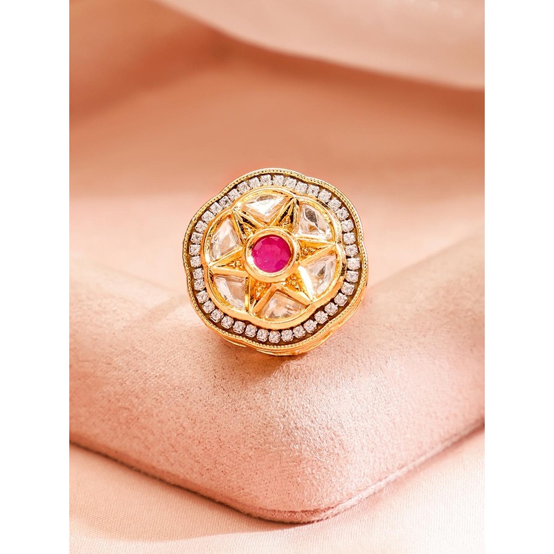 Rubans 18K Gold Plated Ruby With Kundan & Cubic Zirconia Studded Adjustable Finger Ring