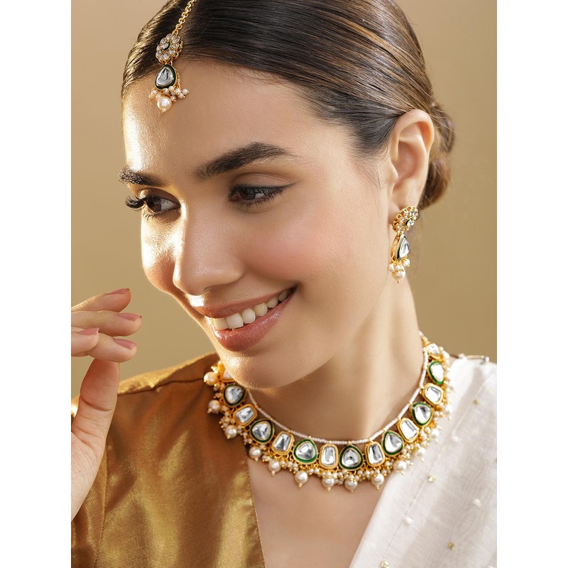 Rubans 18K Gold Plated White Kundan & Pearls Beads With Green Eanmel Border Jewellery Set