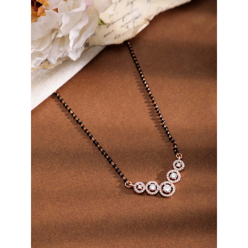 Rubans 18K Rose Gold Plated Cubic Zirconia Studded Black Beaded Mangalsutra