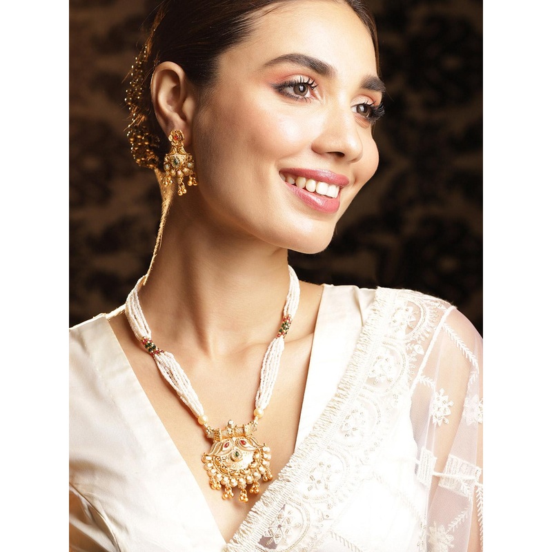 Rubans 18KT Gold Plated Antique Floral Motif AD & Emerald Studded Temple Jewellery Set