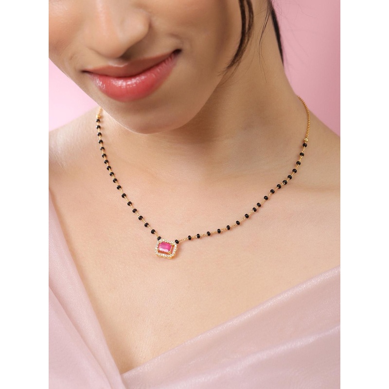 Rubans 22K Gold-Plated and Black Beaded with Ruby Pink Cubic Zirconia Studded Mangalsutra