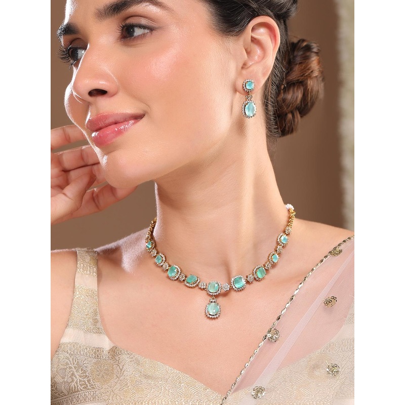 Rubans 22K Gold-Plated Aqua Green Stone & Cubic Zirconia Studded Necklace Set with Earring